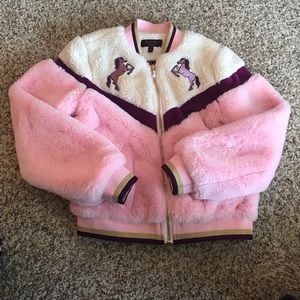 Girls Juicy Couture Black Label Pink, White, Purple, Gold Fuzzy Jacket, …
